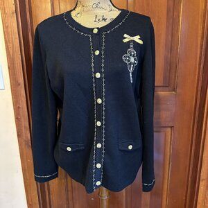 Studio Joy Sz L Sweater‎ Black Cardigan Floral Pearl Beaded Rhinestone Cottage